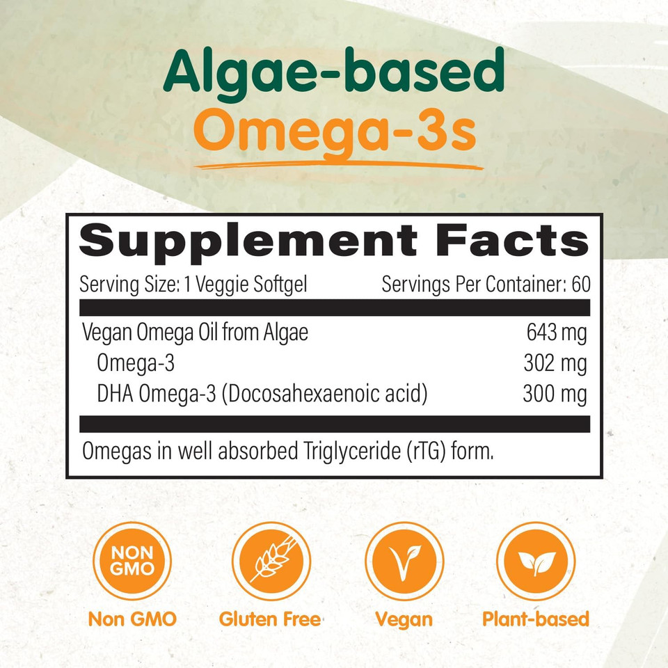 Omegavia Vegan Omega 3 Supplement, Algae Omega 3 Fish Oil Alternative, 300Mg Vegan Dha Omega-3 Fatty Acids, Plant Based, Planet And Ocean Friendly, Ifos 5 Star Tested, 60 Softgels