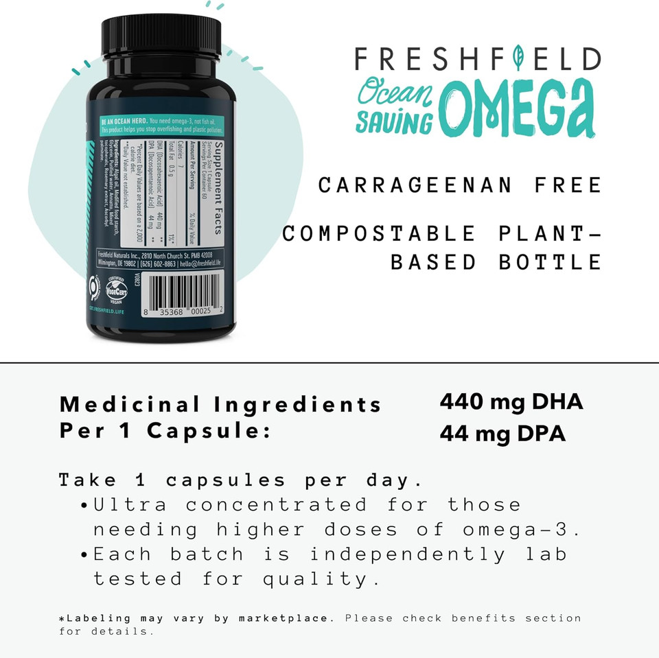 Ocean Saving Omega 3, The Fish Oil Replacement, 2-Month Supply, Sustainably Sourced, Highest Levels Of Dha Per Capsule (440 Mg), Algae Oil, W/Dpa. 60 Count