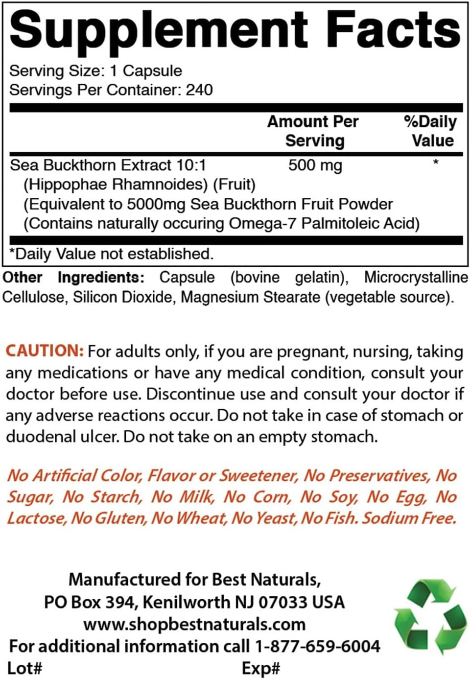 Best Naturals Sea Buckthorn Oil Powder Capsules 5000 Mg Equiavelnt 240 Capsules - Non-Gmo, Gluten Free - Contains Naturally Occuring Omega-7 Palmetoleic Acid