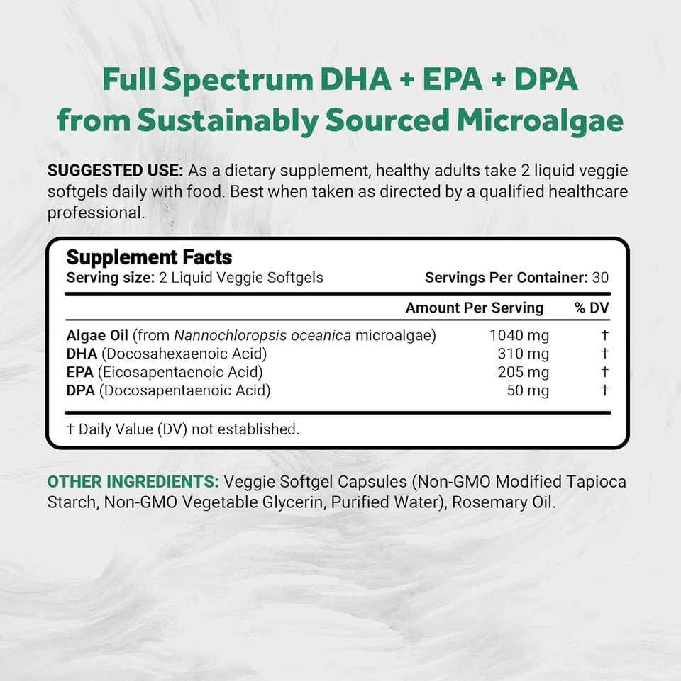Naturalis Vegan Omega 3 Dha, Epa & Dpa From Algae | Vegan Society Certified, Sustainably Sourced, True Full Spectrum | 60 Veggie Softgels (Carrageenan Free)