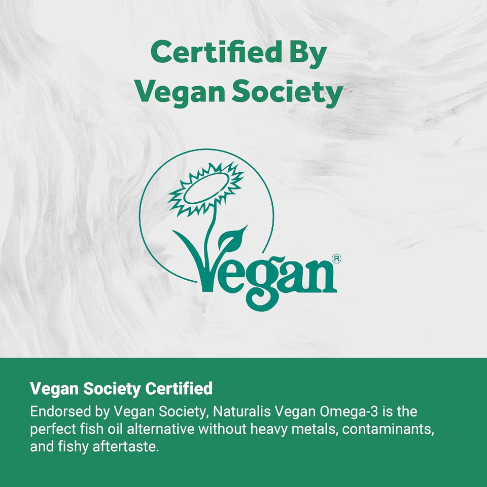 Naturalis Vegan Omega 3 Dha, Epa & Dpa From Algae | Vegan Society Certified, Sustainably Sourced, True Full Spectrum | 60 Veggie Softgels (Carrageenan Free)