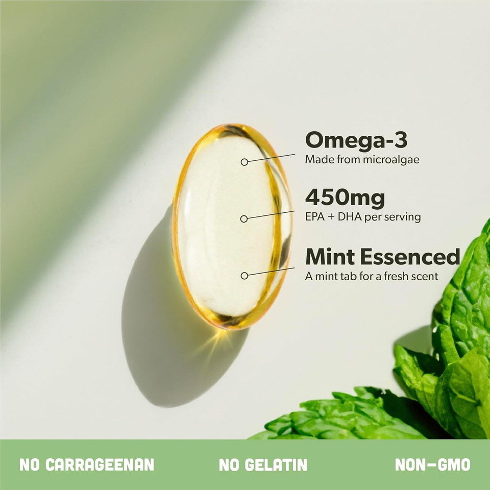 Vegan Omega 3 Supplement - Plant Based Dha & Epa Fatty Acids - Carrageenan Free, Alternative To Fish Oil, Supports Heart, Brain, Joint Health - Sustainably Sourced Algae, Fish Oil Free - 180 Softgels