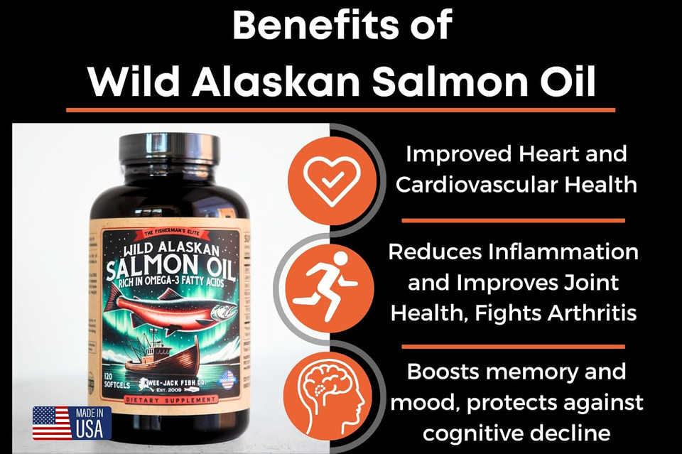 Wild Alaskan Salmon Fish Oil Omega 3 Supplement By Kwee-Jack Fish Co. | 120 Softgels 1000Mg Salmon Oil | Anti-Inflammation Brain Heart Joint Health