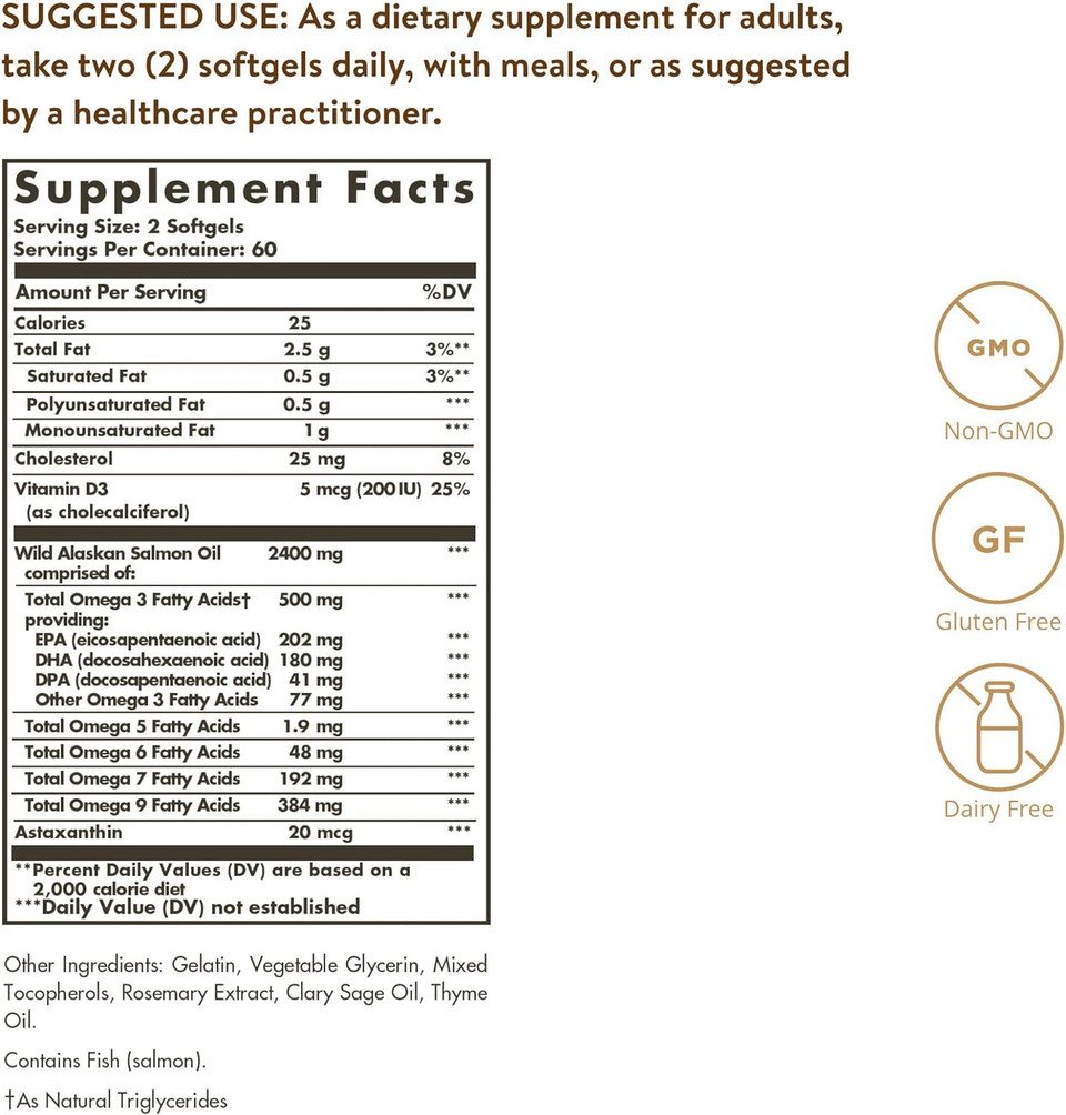 Solgar Wild Alaskan Full Spectrum Omega Softgels Supports Heart Brain Bone And Skin Health Provides Vitamin D3 Rich Source Of Epa Dha Non Gmo Gluten & Dairy Free 60 Servings, 120 Count