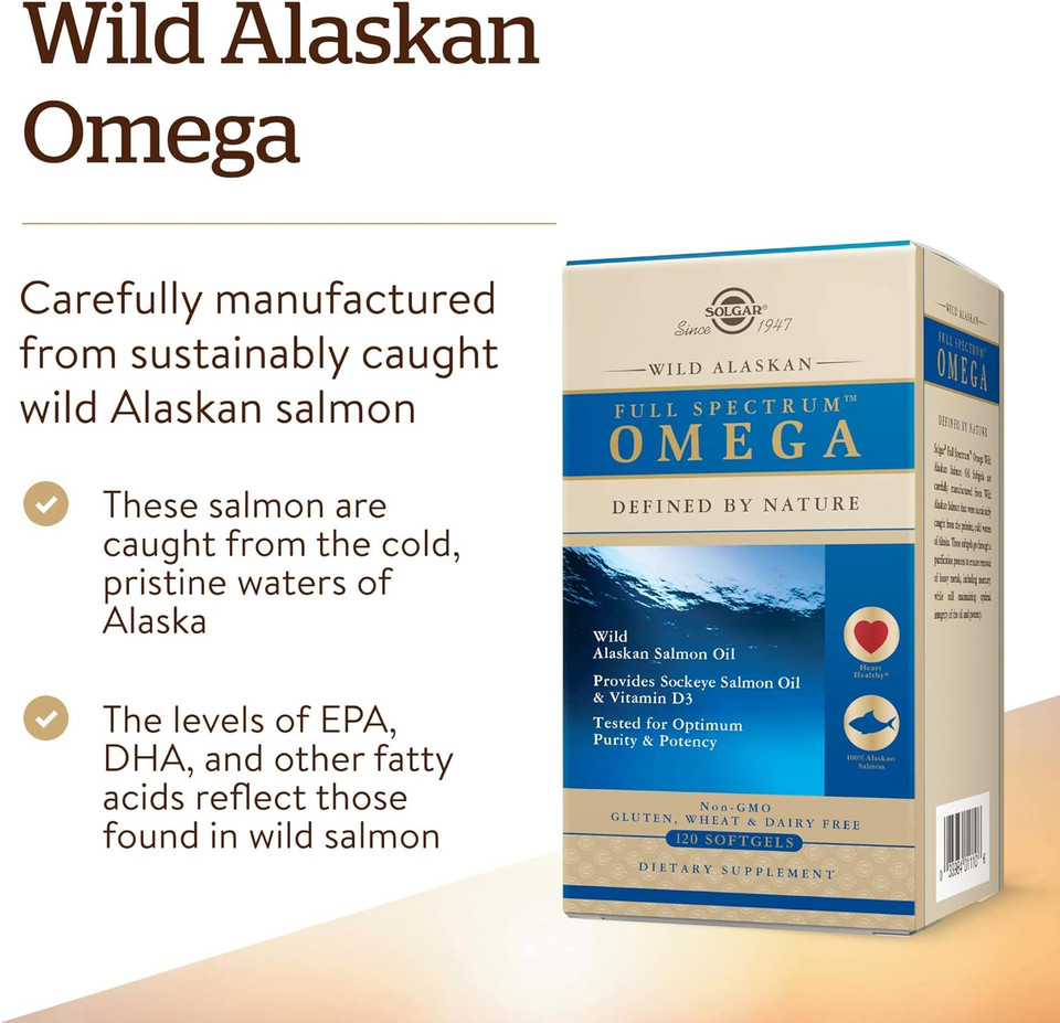 Solgar Wild Alaskan Full Spectrum Omega Softgels Supports Heart Brain Bone And Skin Health Provides Vitamin D3 Rich Source Of Epa Dha Non Gmo Gluten & Dairy Free 60 Servings, 120 Count