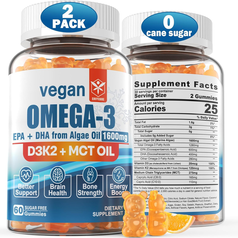 Vegan Omega 3 Gummies 1280Mg + Vitamin D3 K2 (Mk7), Omega 3 Fish Oil Alternative For Adults, W/Algae Epa 600Mg & Dha 400Mg, Mct Oil - No Fish Taste - For Brain, Eye, Immune Health, Sugar Free, 2 Pack