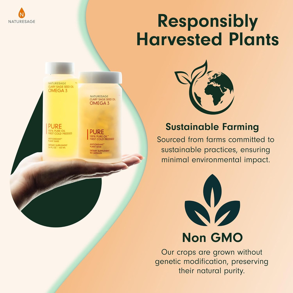 Pure Vegan Liquid Omega 3 Oil, Plant-Based Alternative To Omega 3 Fish Oil, 3.4 Fl. Oz.  Cold Pressed From Clary Sage Seed  Kosher - Omega 3 Fatty Acid Supplement With Antioxidants