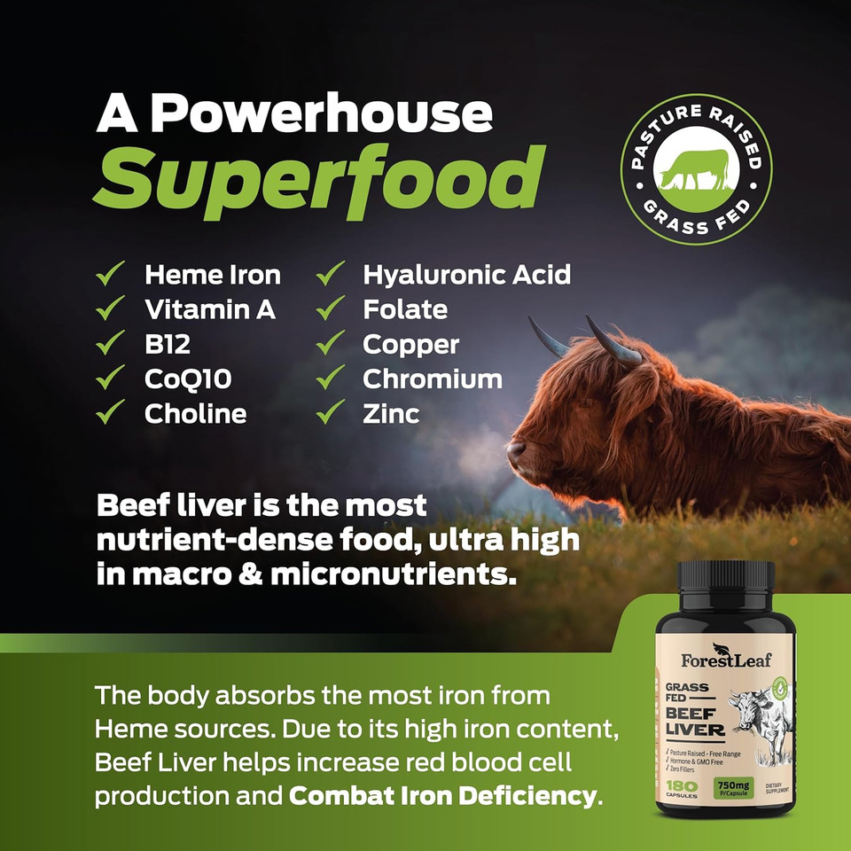 Forestleaf Beef Organ Supplement - Grass Fed & Pasture Raised - Total Body Wellness & Performance, Organ Complex With 3000Mg Of Desiccated Beef Liver, Heart, Kidney, Pancreas, Spleen (180 Capsules)