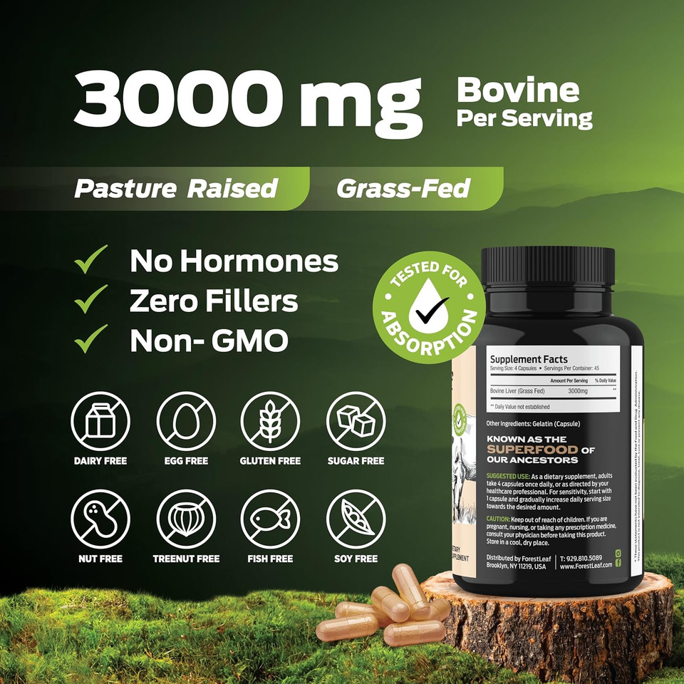 Forestleaf Beef Organ Supplement - Grass Fed & Pasture Raised - Total Body Wellness & Performance, Organ Complex With 3000Mg Of Desiccated Beef Liver, Heart, Kidney, Pancreas, Spleen (180 Capsules)