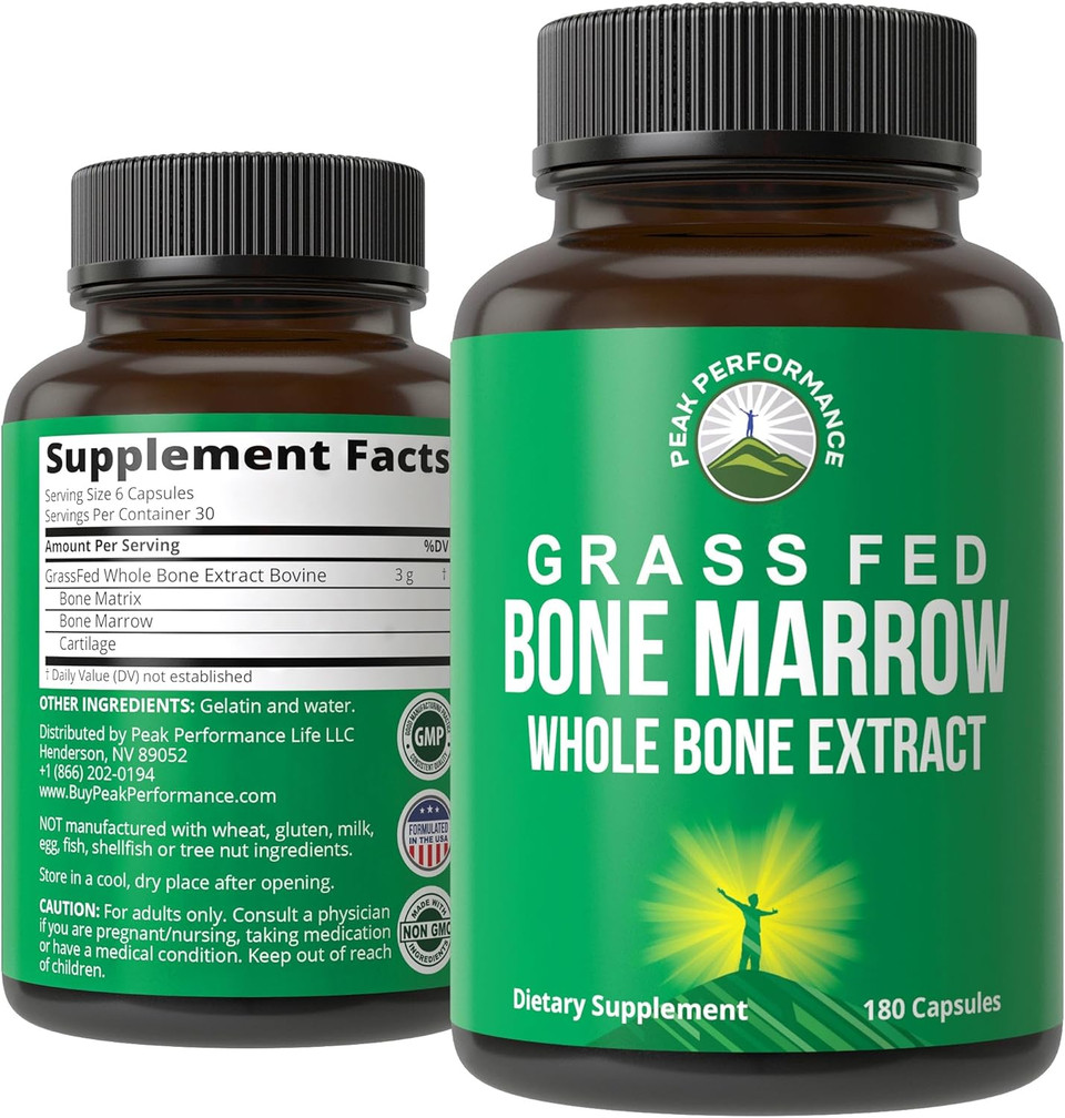 Peak Performance Grass Fed Bone Marrow - Whole Bone Extract Supplement 180 Capsules Superfood Pills Rich In Collagen, Vitamins, And Amino Acids. From Bone Matrix, Marrow, Cartilage. Ancestral Tablets