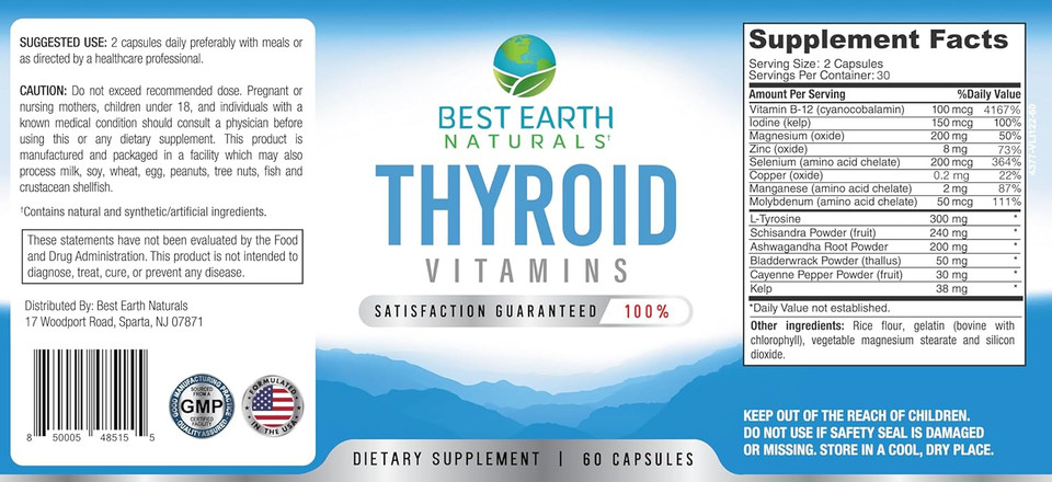 Best Earth Naturals Thyroid Support Supplement For Women And Men - 60 Capsules
