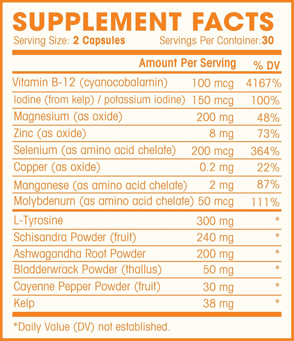 Thyroid Support Complex With Iodine For Energy Levels, Weight Loss, Metabolism, Fatigue & Brain Function - Natural Health Supplement Formula: L-Tyrosine, Selenium, Kelp, Bladderwrack, Ashwagandha, Etc