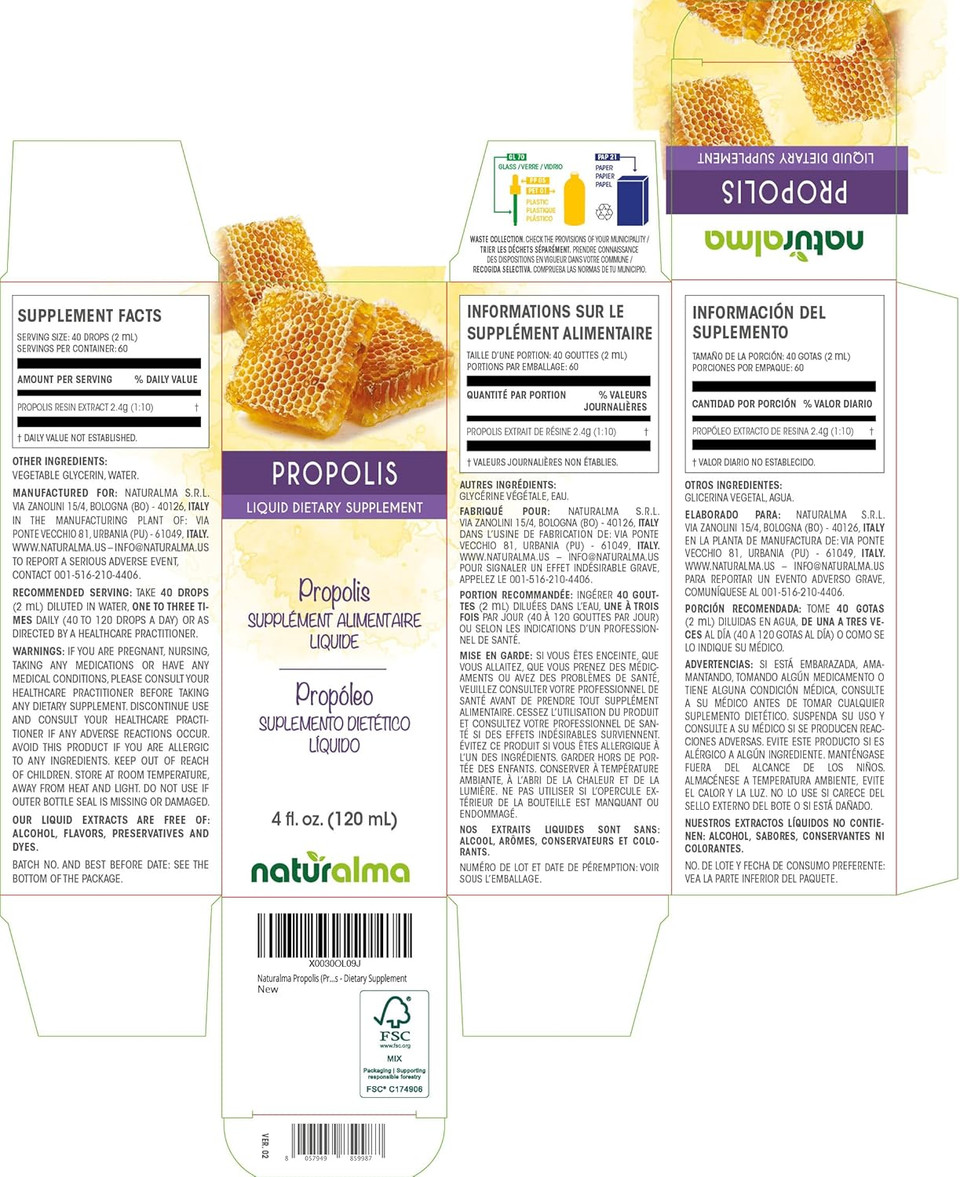 Naturalma Propolis (Propolis) Resin Alcohol-Free Tincture - 6.76 Fl Oz Liquid Extract In Drops - Dietary Supplement
