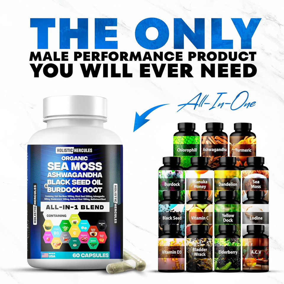 Blend: Sea Moss 9000Mg, Black Seed Oil 6000Mg, Ashwagandha 3000Mg, Burdock 2000Mg & More - Vitamin C, D3, Elderberry, Chlorophyll Acv - 60 Capsules - All In 1 Natural Blend