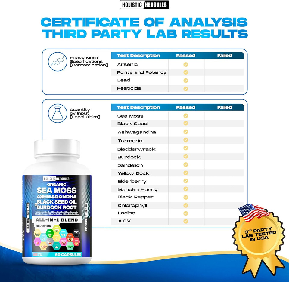 Blend: Sea Moss 9000Mg, Black Seed Oil 6000Mg, Ashwagandha 3000Mg, Burdock 2000Mg & More - Vitamin C, D3, Elderberry, Chlorophyll Acv - 60 Capsules - All In 1 Natural Blend
