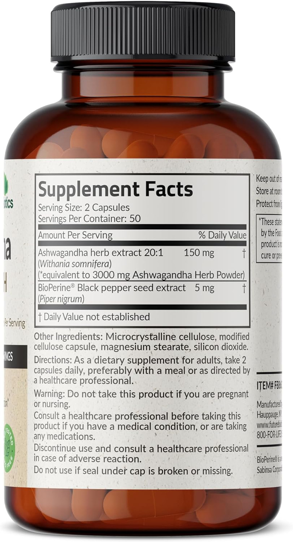Futurebiotics Ashwagandha Extra Strength Stress & Mood Support With Bioperine - Non Gmo Formula, 100 Vegetarian Capsules