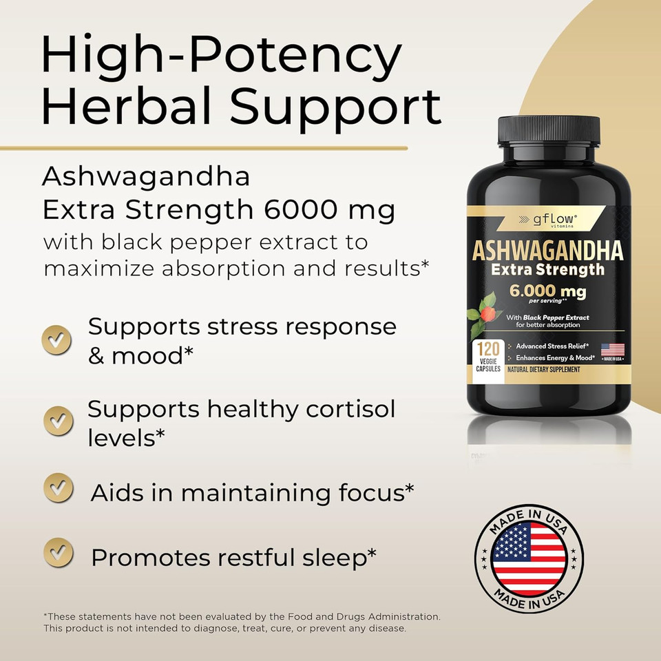 Ashwagandha Supplements - Ashwagandha Powder Capsules Extra Strength 6000Mg With Black Pepper | Mood Support, Focus, Energy Support | Vegan Friendly, Non-Gmo, Usa Made