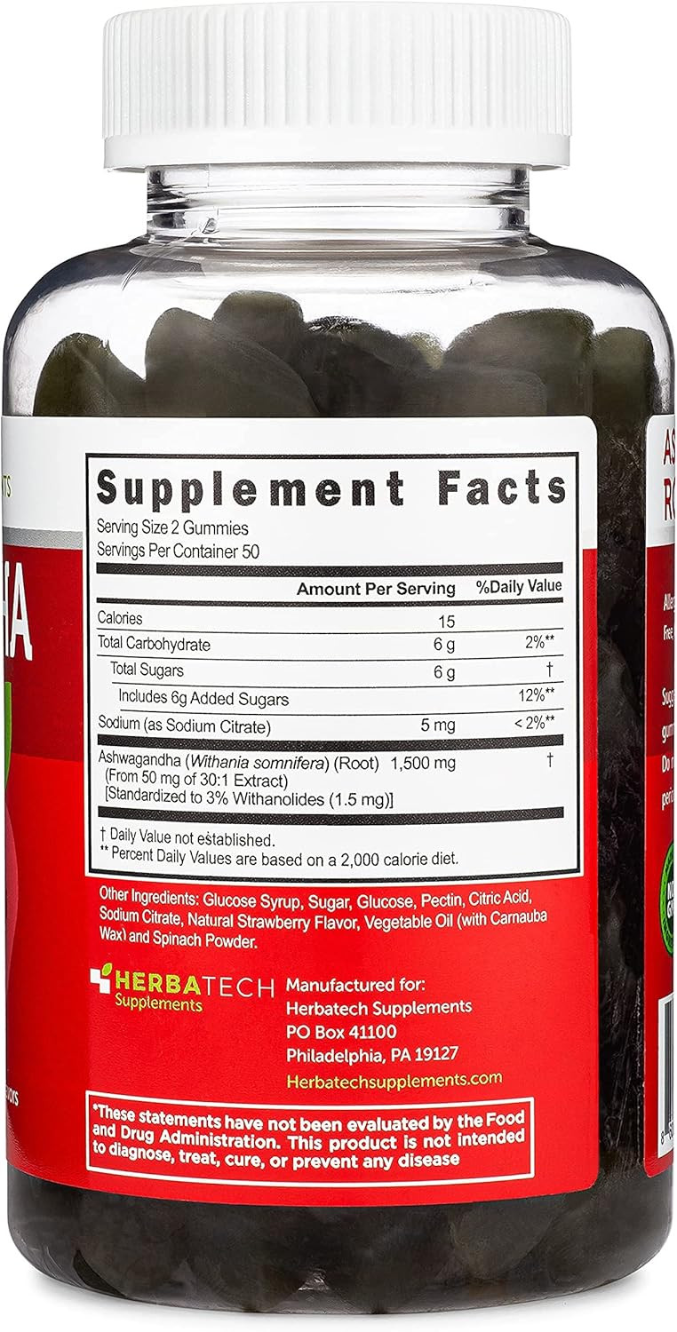 Ashwagandha Gummies For Men And Women - Strongest 1,500Mg Formula (100 Gummies) 3% Withanolides Cortisol Blocker For Relief, Calming, And Relaxation From Herbatech Supplements