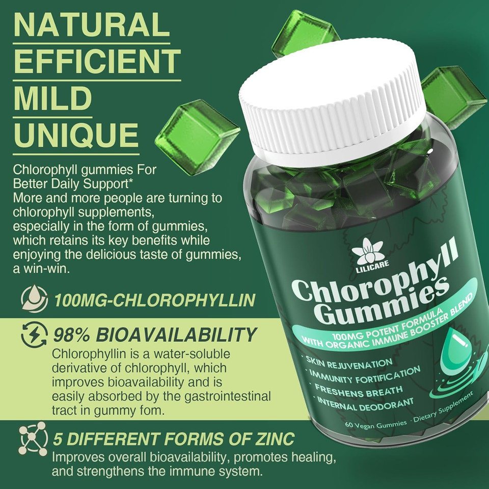 Sugar Free Chlorophyll Gummies - With Unfiltered Acv, Sea Moss & Elderberry, Echinacea, Vitamin D3, C, E, B12 - Natural Deodorant, Breathe Fresh, Immune & Digestion Support, Vegan Delicious Chews 60Ct