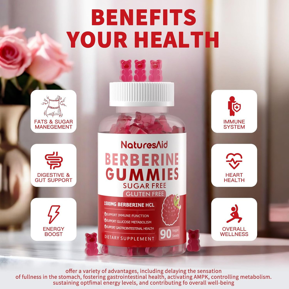 Berberine Gummies With Ceylon Cinnamon 1500Mg High Potency Berberine Hcl Supplement For Immune And Metabolism Support, Sugar Free Organic Berberine Gummies Raspberry Flavor