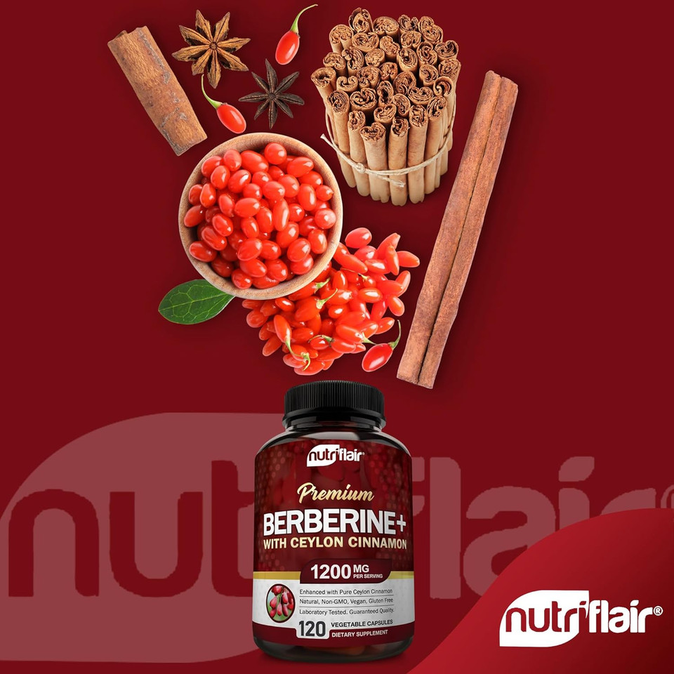 Nutriflair Premium Berberine Hcl 1200Mg, 120 Capsules - Plus Pure True Ceylon Cinnamon, Berberine Hci Root Supplements Pills - Immune System - Yields An Optimal 8% Berberine