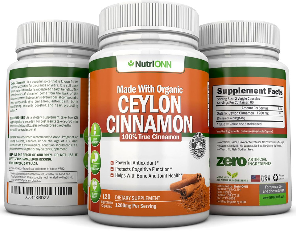 Organic Ceylon Cinnamon - 1200Mg - 120 Capsules - True Cinnamon - Powerful Antioxidant - Supports Immune Health & Heart Health - Joint & Bone Health Support