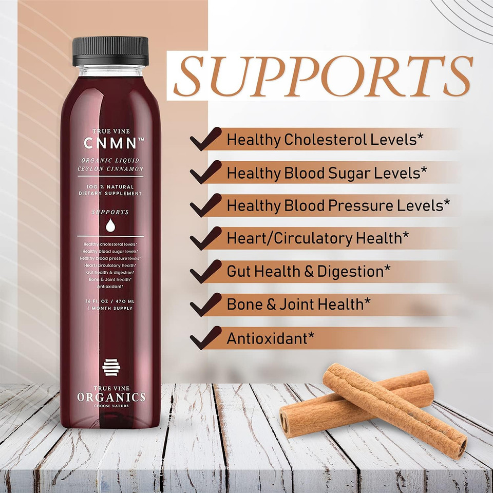 True Vine 3200Mg Liquid Ceylon Cinnamon Supplement (Made In Usa) For Healthy Heart, Blood Pressure, Sugar, Cholesterol, Gut & Joints  100% Organic Ceylon Cinnamon To Fight Free Radicals (16 Fl Oz)