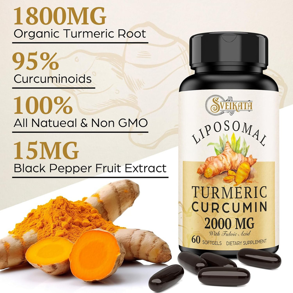 Liposomal Turmeric Curcumin Supplement 2000Mg, 95% Standardized Curcuminoid Extract & Organic Root Powder With Piperine Black Pepper Fruit (15Mg), 60 Softgels, Non-Gmo