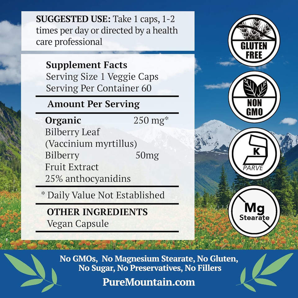 Pure Mountain Botanicals Bilberry Extract Supplement - Antioxidant, Supports Healthy Eye Function - Vegan Kosher Capsules With 250Mg Organic Bilberry Leaf & 50Mg Potent Extract
