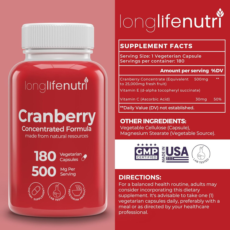 Cranberry 50:1 Extract 25000Mg With Vitamin C & E - Pure Concentrated Formula, 180 Vegetarian Capsules, Urinary Tract Health & Bladder, 6 Month Supply, Made In Usa