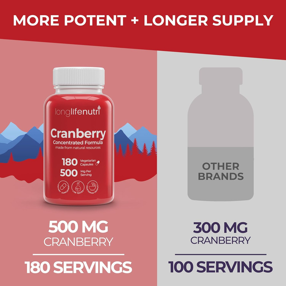 Cranberry 50:1 Extract 25000Mg With Vitamin C & E - Pure Concentrated Formula, 180 Vegetarian Capsules, Urinary Tract Health & Bladder, 6 Month Supply, Made In Usa