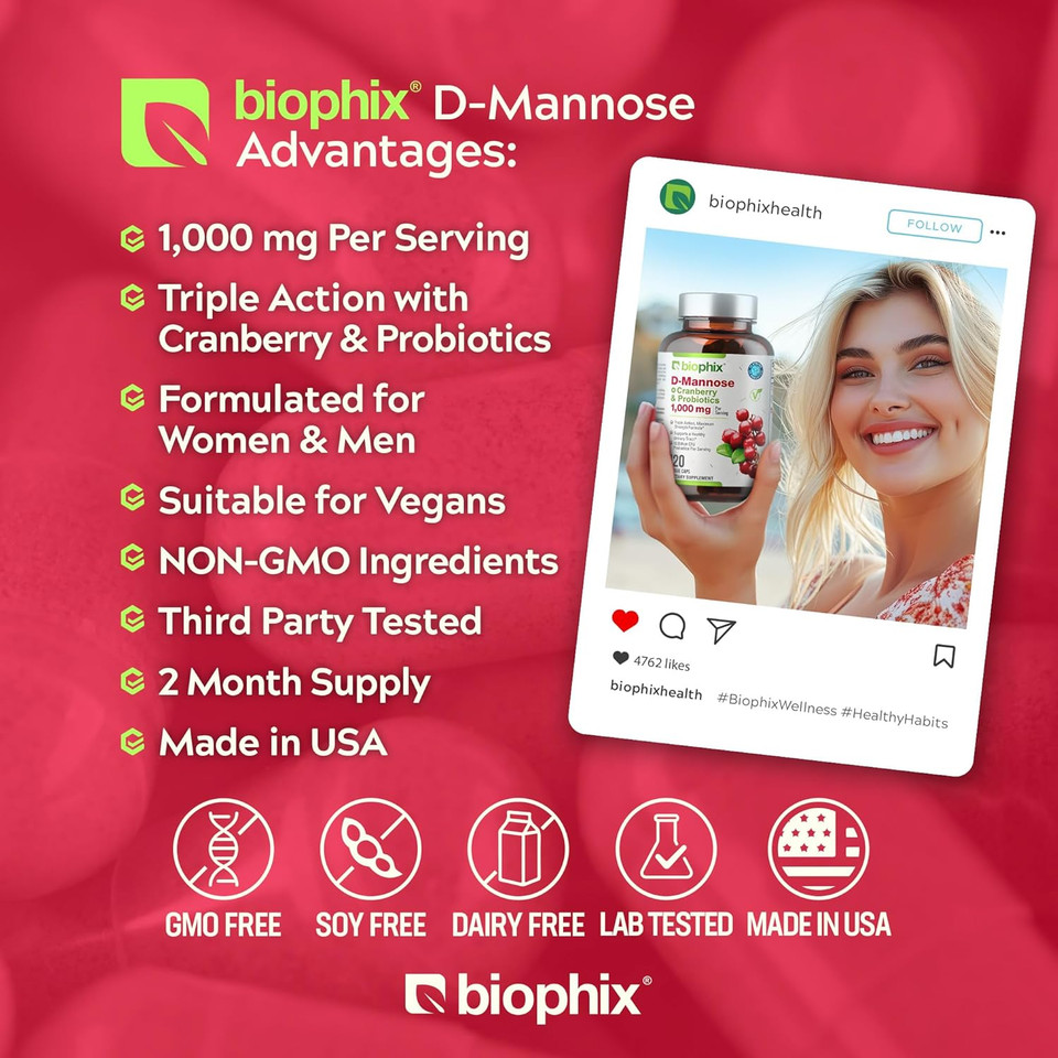 Biophix D-Mannose 1000Mg Capsules With Cranberry & Probiotics - D Mannose Supplements For Women - D-Mannose Pills For Urinary Tract & Bladder Health Support - Digestive Well-Being - 120 Vcaps