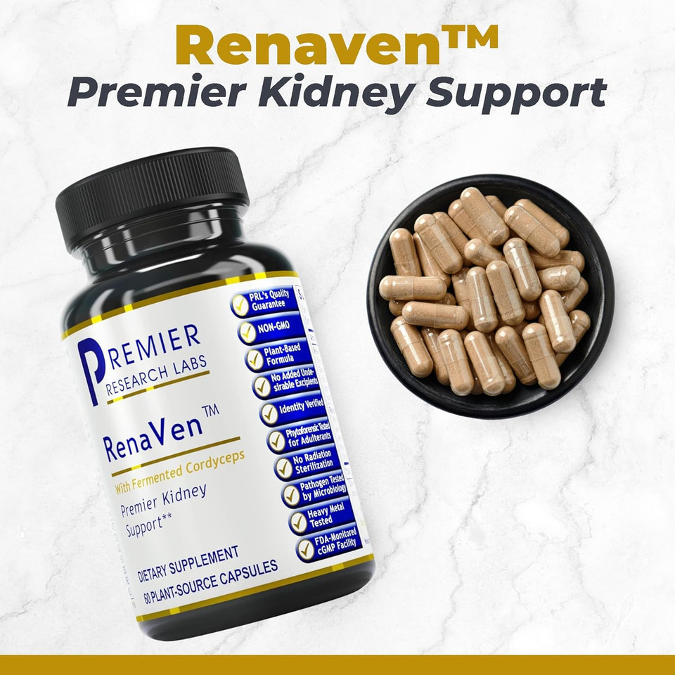 Premier Research Labs Renaven: Premier Kidney Support For Kidney Cleanse Detox And Repair | Improve Kidney Function And Urinary Support With Fermented Cordyceps - 60 Plant-Source Capsules