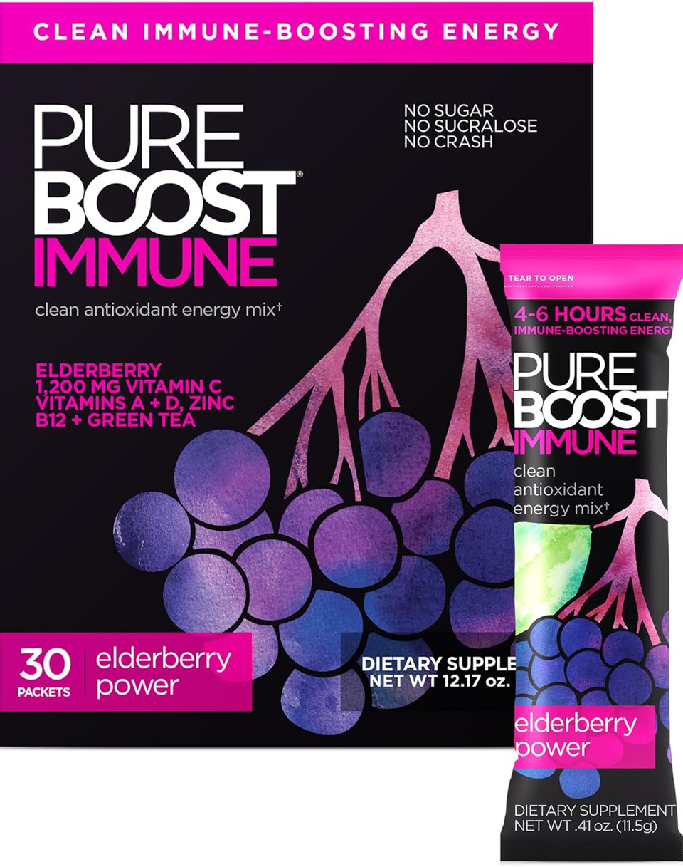Pureboost Immune Clean Energy Booster, Refreshing Energy Drink Mix And Immunity Supplement With Elderberry, 1,200 Mg Vitamin C, Vitamins A + D, And Zinc. (Elderberry Power, 30 Count)