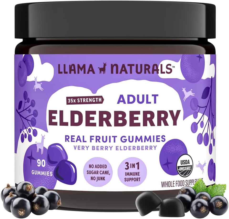 Llama Naturals Real Fruit Sambucus Elderberry Gummies For Adults | No Added Sugar Cane, Vegan, Organic Immune Support | Zinc & Natural Vitamin C | Immunity For Women, Men | 90 Gummies (30 Day)