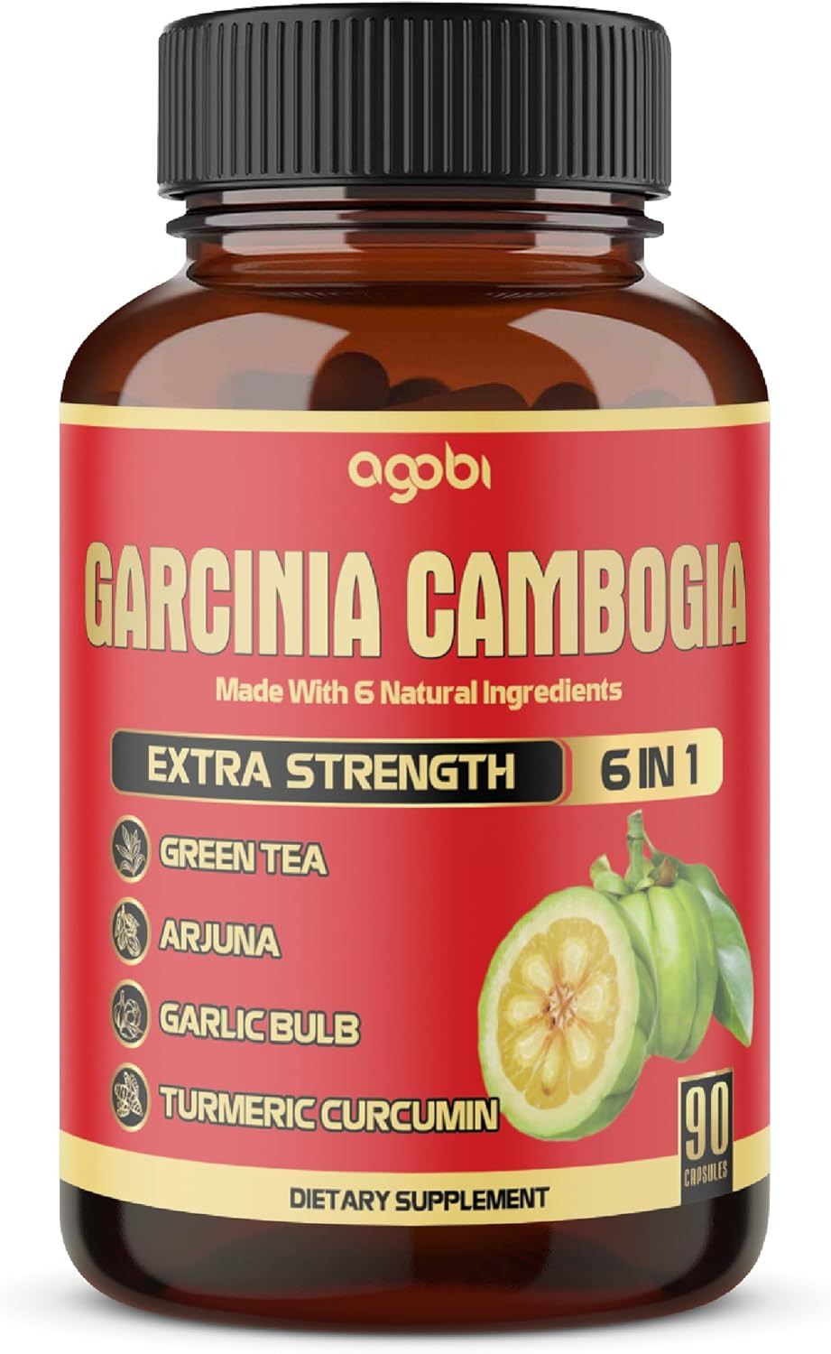 Pure Garcinia Cambogia Capsules - 6In1 With Green Tea, Arjuna, Garlic Bulb, Turmeric & Black Pepper - 90 Counts