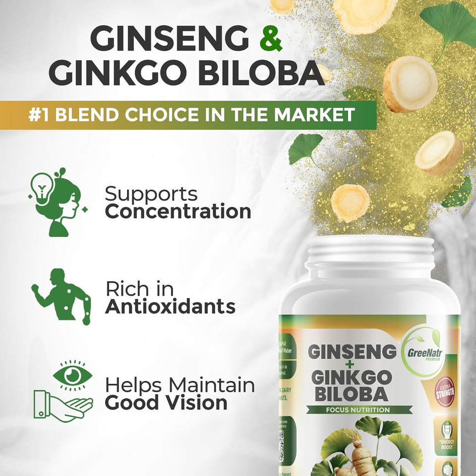 Ginko Biloba & Panax Ginseng Supplement - Red Ginseng Brain Supplement For Memory And Focus - Ginkgo Biloba Supplements For Good Vision, Immune System And Improved Blood Flow - 120 Tablets