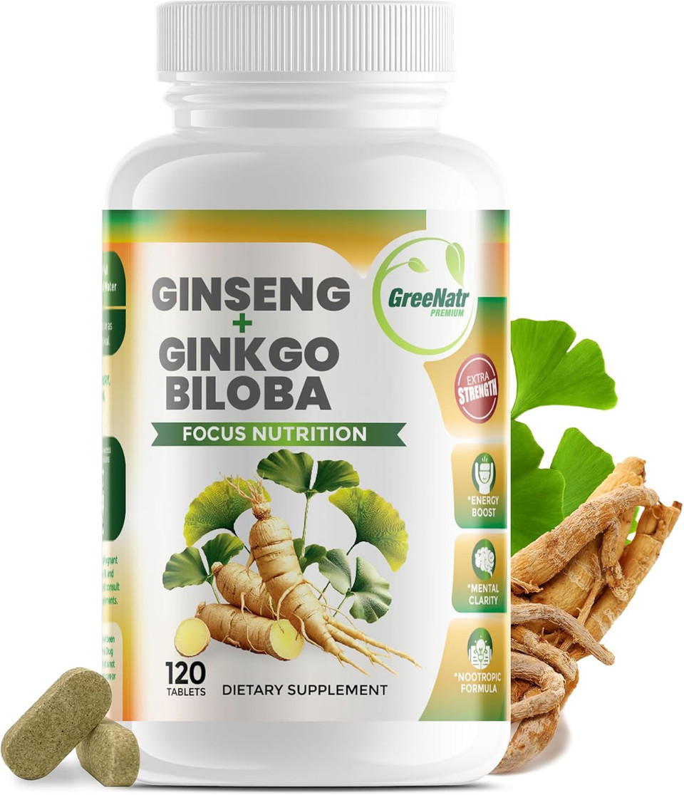 Ginko Biloba & Panax Ginseng Supplement - Red Ginseng Brain Supplement For Memory And Focus - Ginkgo Biloba Supplements For Good Vision, Immune System And Improved Blood Flow - 60 Tablets