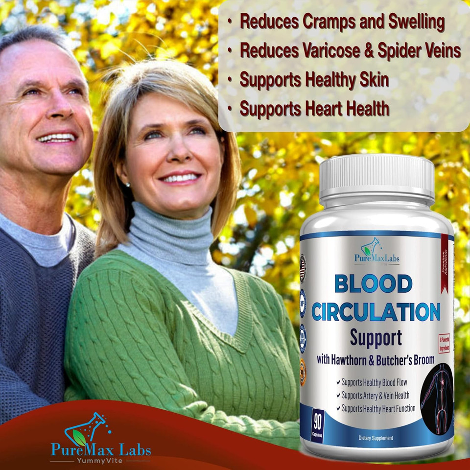 Blood Circulation Supplement - With Hawthorn, Butchers Broom, Horse Chestnut, Arginine, Diosmin, Varicose Veins Treatment, Circulation Support - 90 Capsules