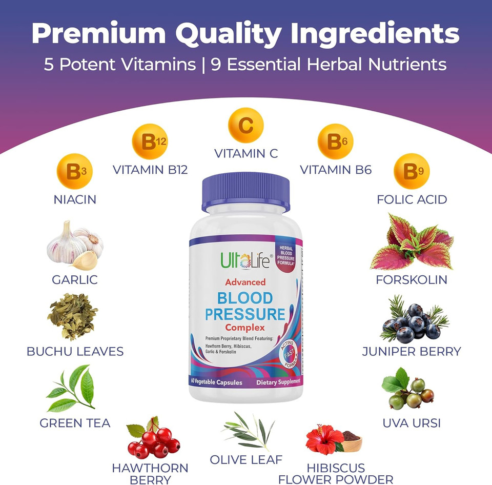 Blood Pressure Supplements - Advanced Blood Pressure Supplement Complex - Hawthorn Berry, Hibiscus, Garlic, Forskolin - 14 Vitamins & Herbs, 30 Day Supply In Veggie Capsules