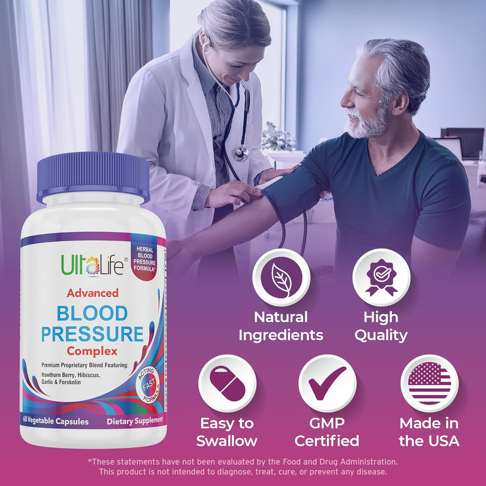 Blood Pressure Supplements - Advanced Blood Pressure Supplement Complex - Hawthorn Berry, Hibiscus, Garlic, Forskolin - 14 Vitamins & Herbs, 30 Day Supply In Veggie Capsules