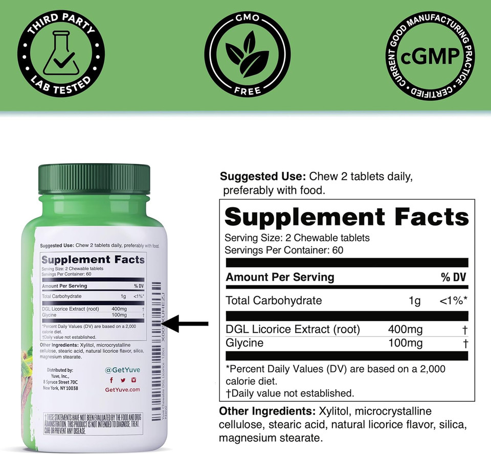 Chewable Ultra Pure Dgl Licorice Tablets 400Mg - Stomach, Gut & Intestinal Relief - Natural Acid Reflux Formula - Dgl Deglycyrrhizinated Licorice Root Extract - 120 Chewables