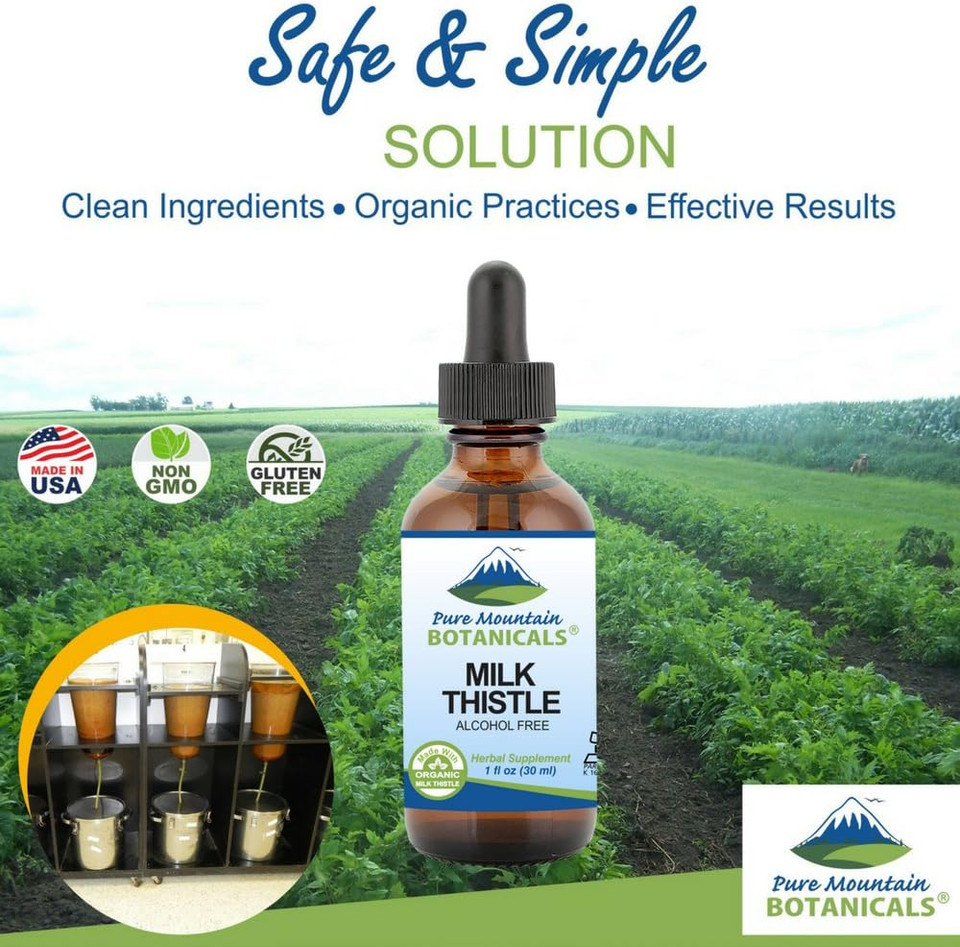 Pure Mountain Botanicals Milk Thistle Extract - Vegan, Kosher Certified Liquid Formula - Made With 333Mg Organic Milk Thistle Tincture - 1 Fl Oz Bottle