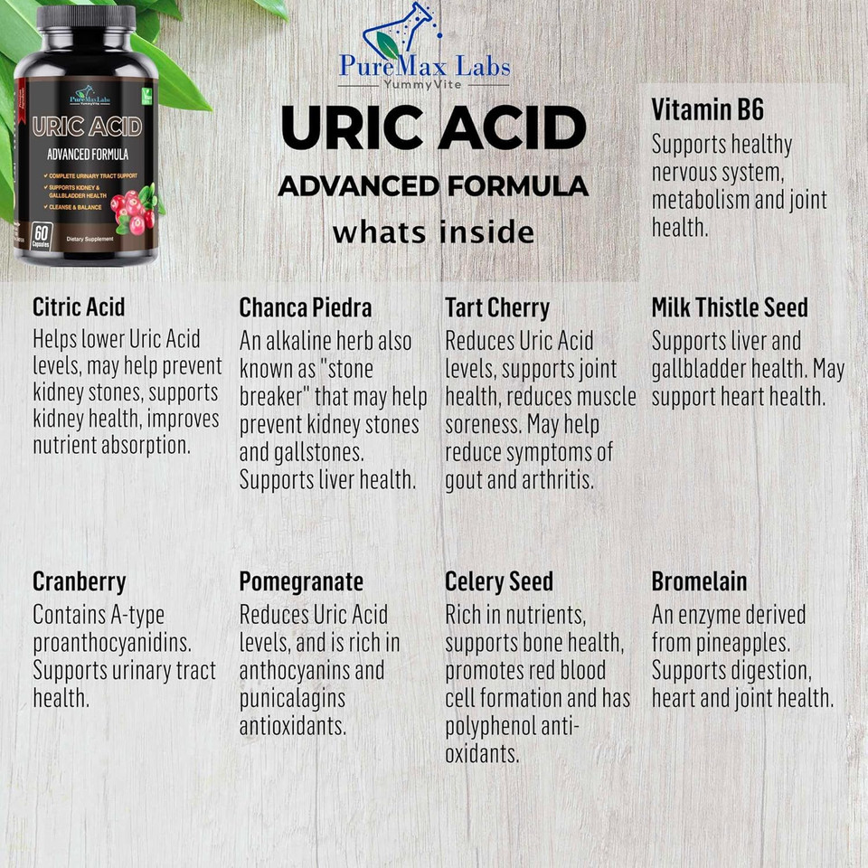 Uric Acid Advanced Formula  Kidney, Liver, Gallbladder, Urinary Tract Cleanse With Cranberry, Chanca Piedra, Tart Cherry, Milk Thistle And Bromelain 60 Capsules
