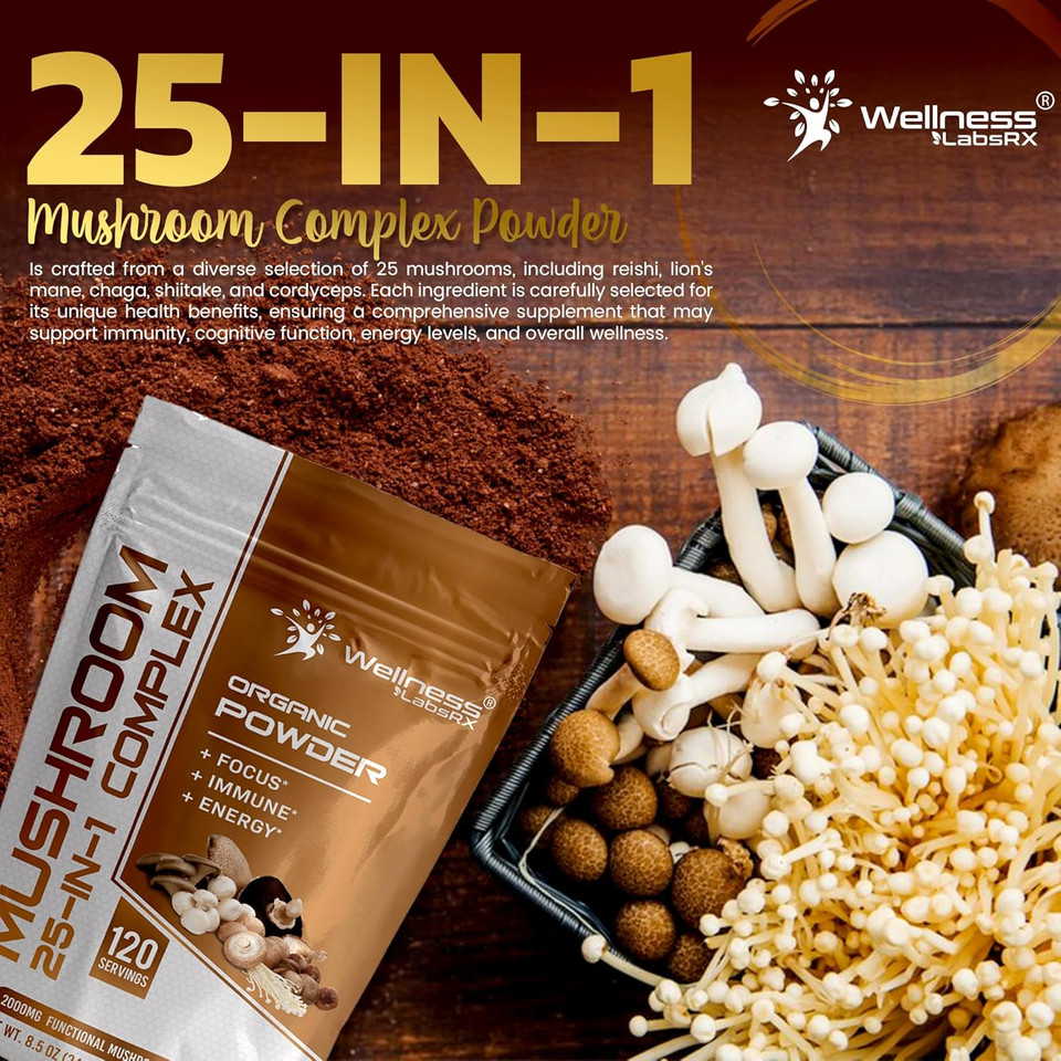 Mushroom Powder, 25 In 1 Mushrooms Supplement - 2000Mg, 25 Superfood Mishroom Lions Mane Powder With Chaga, Shiitake, Cordyceps, Reishi - Lion'S Mane Mushroom - 120 Servings