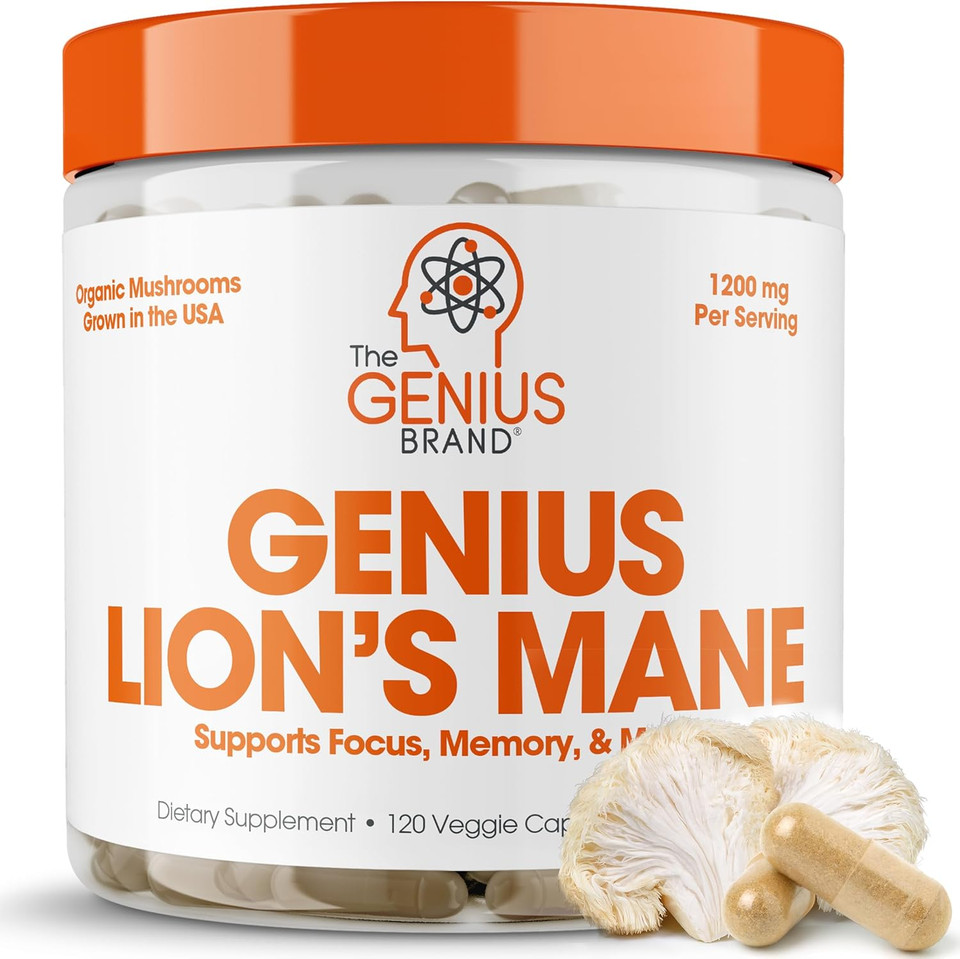Genius Lions Mane Cognition Vitamins Supplement Capsules - Organic Nootropic Supplement, 1200Mg Per Serving  120 Veggie Pills