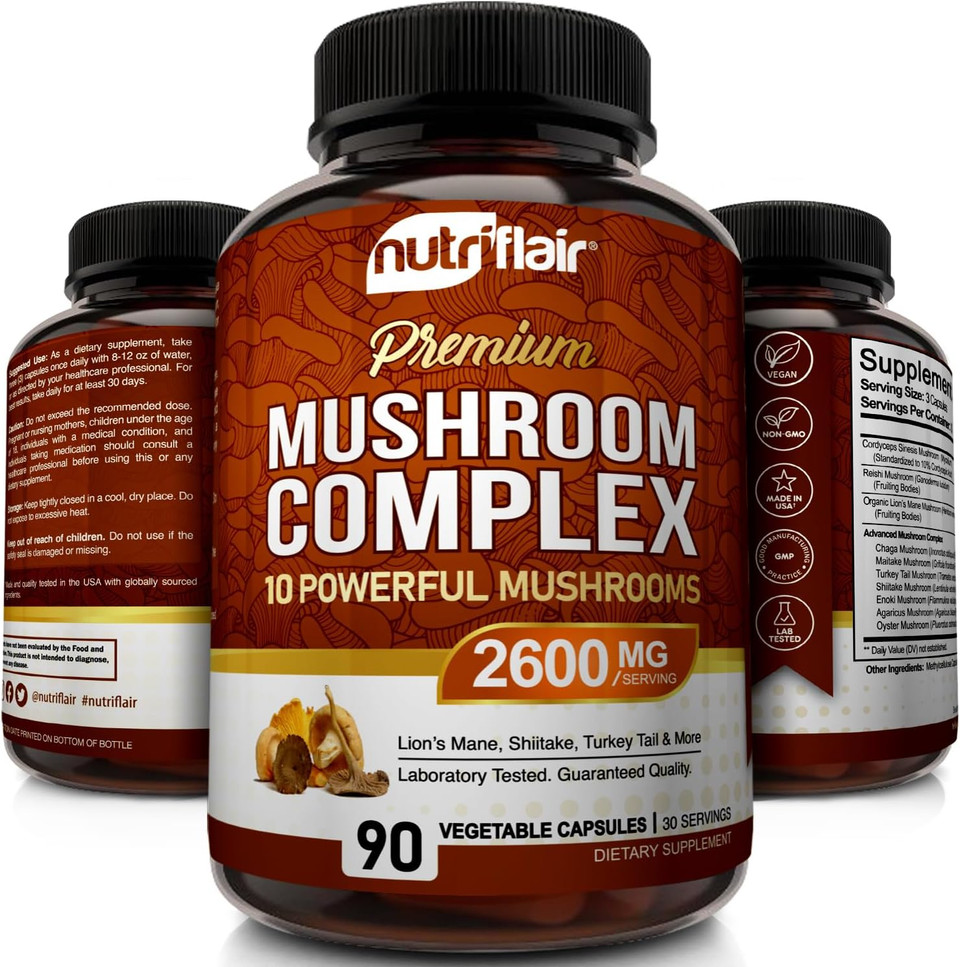 Nutriflair Mushroom Supplement 2600Mg, 90 Capsules - 10 Mushrooms Blend - Reishi, Lions Mane, Cordyceps, Chaga, Turkey Tail, Maitake, Shiitake, Oyster Nootropic Complex - Brain, Energy, Focus Pills