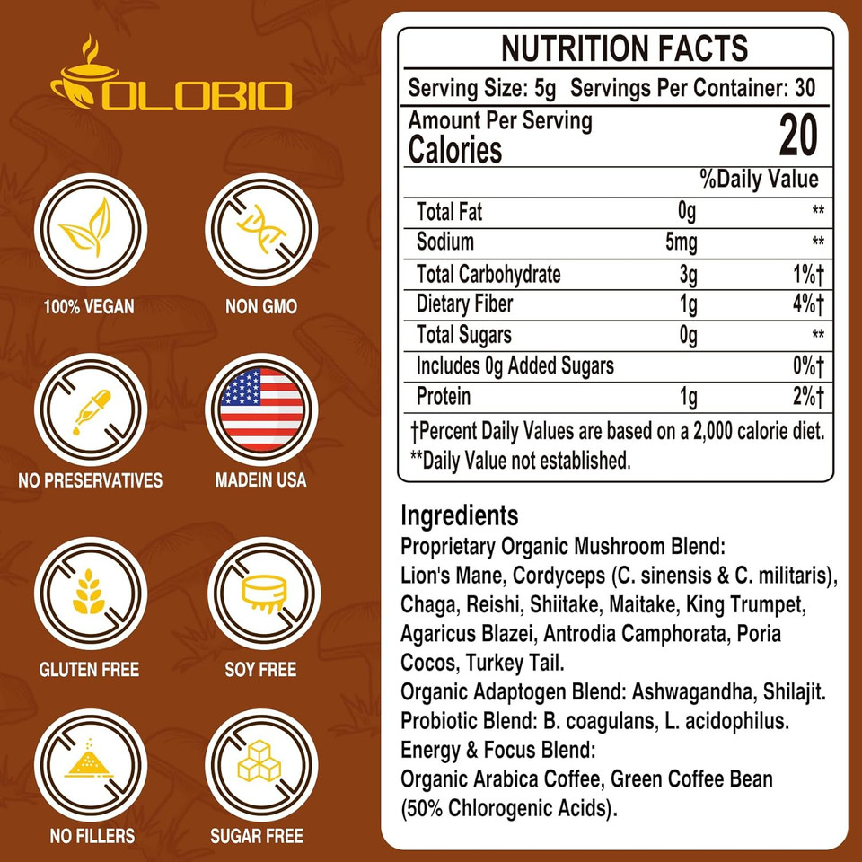 Mushroom Coffee, 11 Organic Mushrooms Plus Adaptogens & Probiotics, With Lion'S Mane, Chaga, Reishi, Cordyceps Complex, Instant Coffee For Focus, Energy, Gut, Digestion, Immunity - 5.3Oz