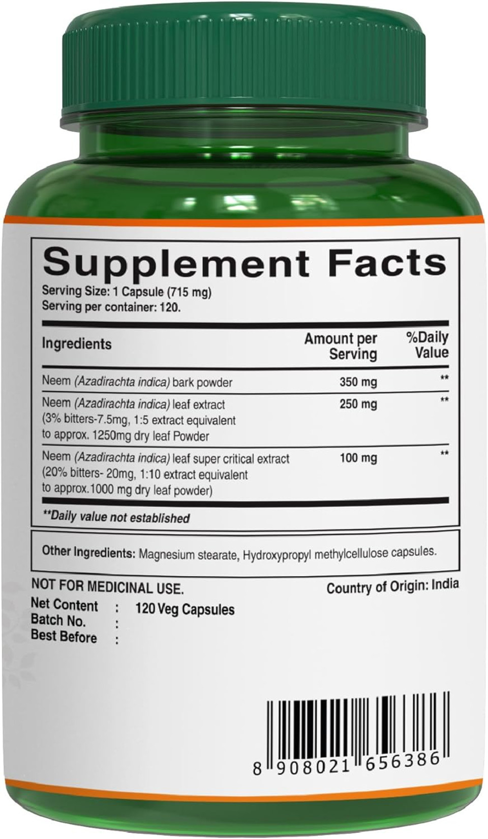 Pure Nutrition Neem Capsules 700Mg. (Equivalent To 2600Mg Neem Leaf Powder And Bark Powder) Non Gmo | Once Daily | 120 Days Supply