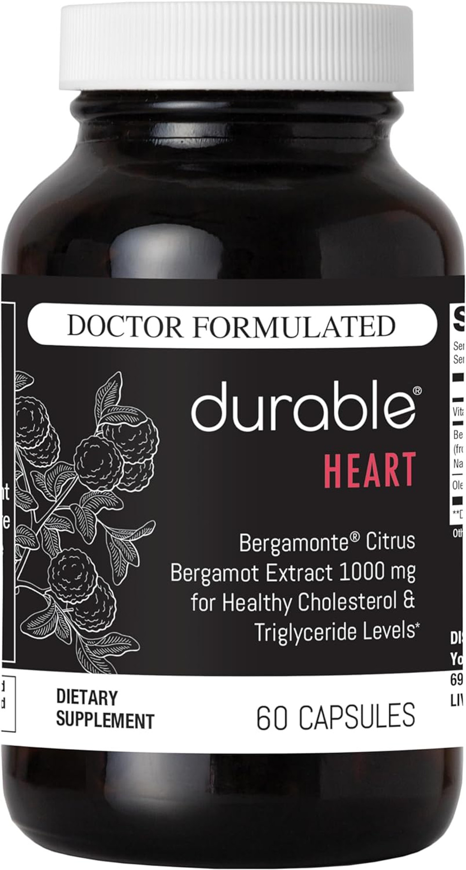 Durable Heart 1,000 Mg Extra-Strength Bergamonte Citrus Bergamot & Olive Leaf Extract + Non-Gmo Vitamin C - Natural Heart Supplements, Healthy Cholesterol Support - Made In Usa (1 Bottle)